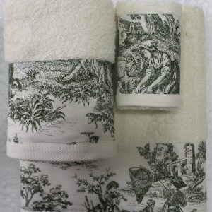 Conjunto de Atoalhados 3 Peças Toile de Jouy Cru c/ verde